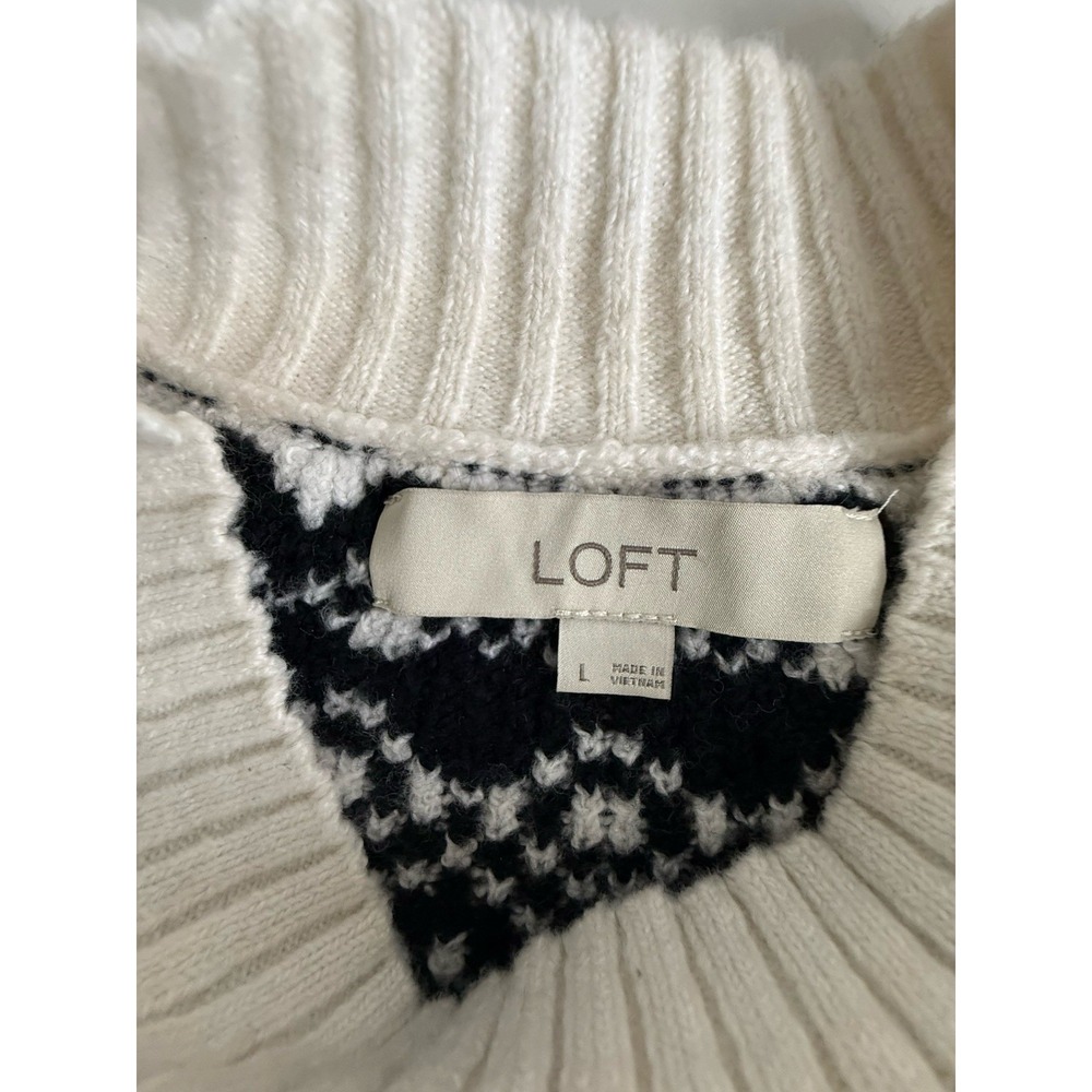 LOFT Fair Isle Sweater Women L Ivory Black Nordic Geometric Crewneck Pullover - Picture 3 of 9